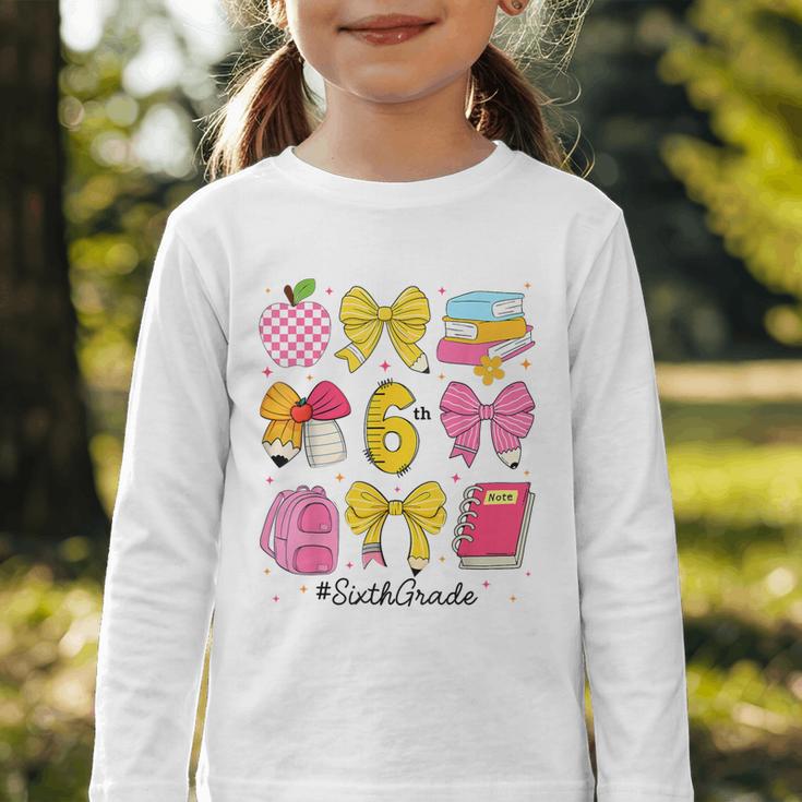 Hello Sixth 6th Grade Back To School Coquette Bow Girls Graphic Toddler Long Sleeve Tee Hello Sixth 6th Grade Back To School Coquette Bow Girls Graphic Toddler Long Sleeve Tee