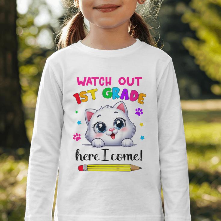 Kids Watch Out 1st Grade Here I Come Girls Cat Back To School Graphic Toddler Long Sleeve Tee