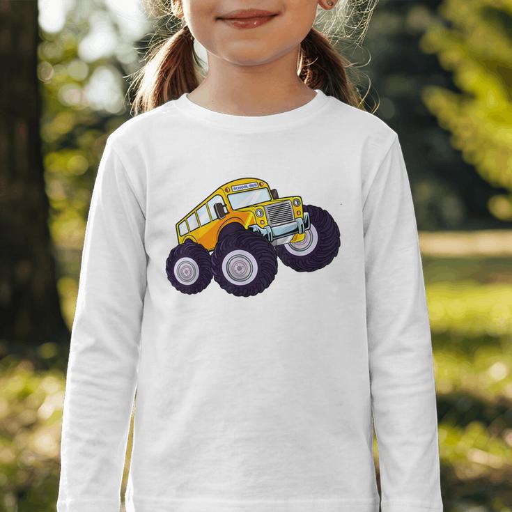 Monster Truck School Bus Yellow Back To School Kids Toddler Graphic Toddler Long Sleeve Tee