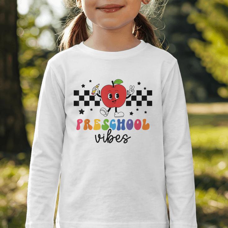 Preschool Vibes Retro Groovy Apple Back To School Graphic Toddler Long Sleeve Tee Preschool Vibes Retro Groovy Apple Back To School Graphic Toddler Long Sleeve Tee