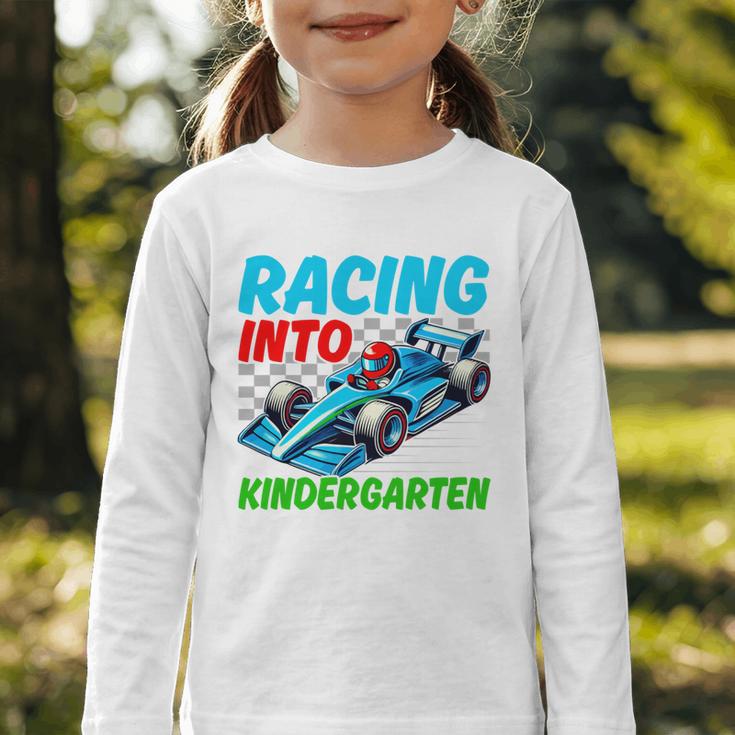 Racing Into Kindergarten Race Car Driver Back To School Performance Graphic Toddler Long Sleeve Tee Racing Into Kindergarten Race Car Driver Back To School Performance Graphic Toddler Long Sleeve Tee