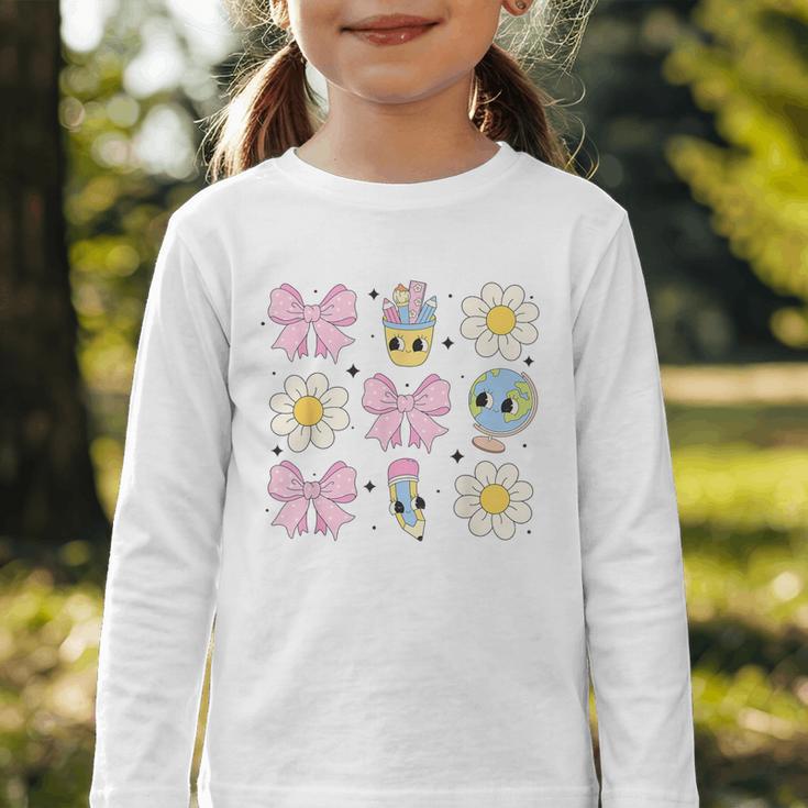 Retro Groovy Back To School Coquette First Day Of School Graphic Toddler Long Sleeve Tee