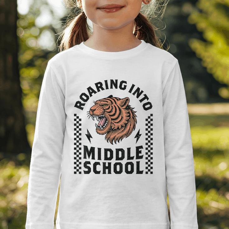 Roaring Into Middle School Tiger Back To School Boy Girl Kid Graphic Toddler Long Sleeve Tee Roaring Into Middle School Tiger Back To School Boy Girl Kid Graphic Toddler Long Sleeve Tee
