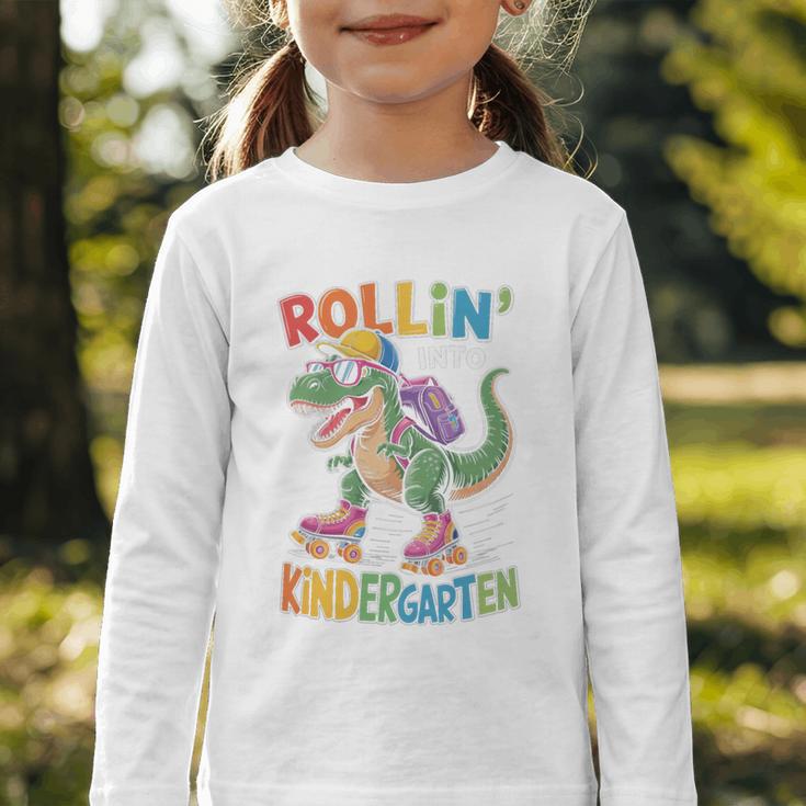 T Rex Rollin Into Kindergarten Back To School First Day Boys Graphic Toddler Long Sleeve Tee T Rex Rollin Into Kindergarten Back To School First Day Boys Graphic Toddler Long Sleeve Tee