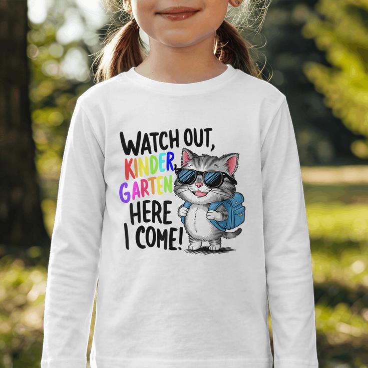 Watch Out Kindergarten Here I Come Cute Cat Back To School Graphic Toddler Long Sleeve Tee