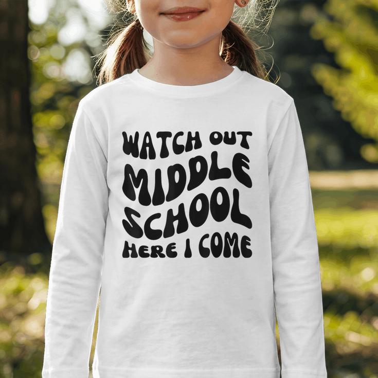 Watch Out Middle School Here I Come Funny Back To School Graphic Toddler Long Sleeve Tee Watch Out Middle School Here I Come Funny Back To School Graphic Toddler Long Sleeve Tee