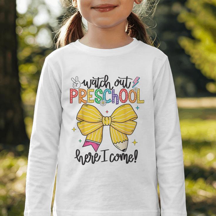 Watch Out Pre-K Here I Come Preschool Back To School Graphic Toddler Long Sleeve Tee Watch Out Pre-K Here I Come Preschool Back To School Graphic Toddler Long Sleeve Tee