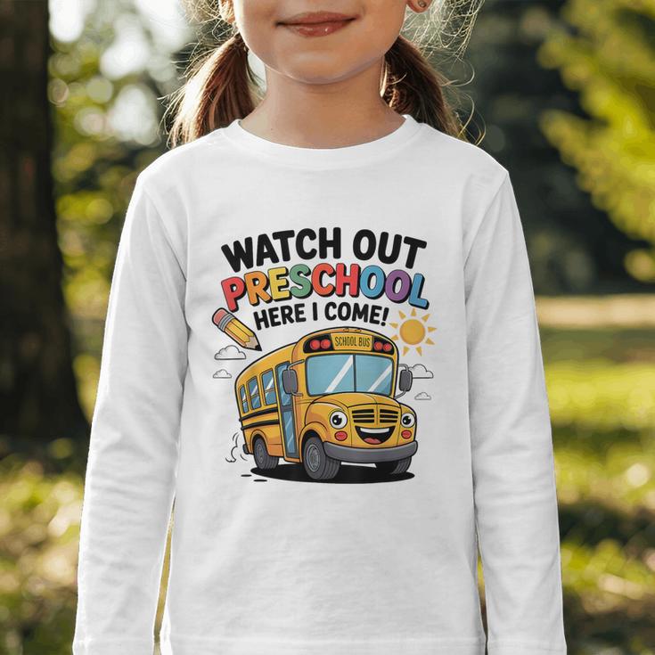 Watch Out Preschool Here I Come Preschool Back To School Graphic Toddler Long Sleeve Tee