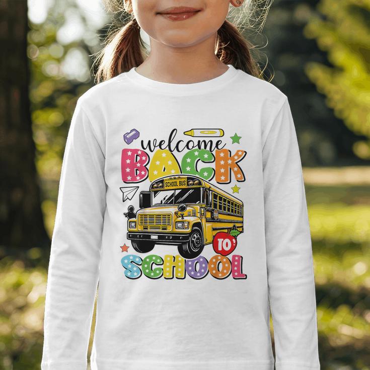 Welcome Back To School Bus Happy First Day Of School Student Graphic Toddler Long Sleeve Tee Welcome Back To School Bus Happy First Day Of School Student Graphic Toddler Long Sleeve Tee