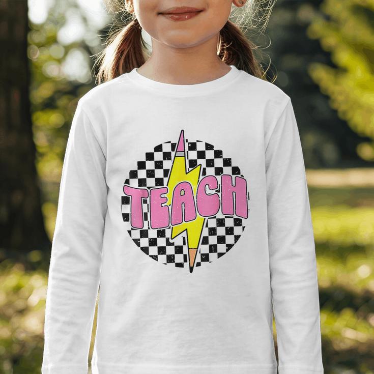 Women Checkered Teach Pencil Lightning Bolt Back To School Graphic Toddler Long Sleeve Tee Women Checkered Teach Pencil Lightning Bolt Back To School Graphic Toddler Long Sleeve Tee