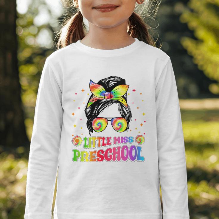 Women's Little Miss Preschool Messy Bun Tie Dye Back To School Girls Graphic Toddler Long Sleeve Tee Women's Little Miss Preschool Messy Bun Tie Dye Back To School Girls Graphic Toddler Long Sleeve Tee