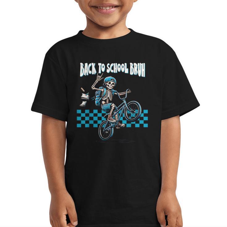 Back To School Bruh Boy Skeleton Riding On a BMX Bike Graphic Kid T-Shirt