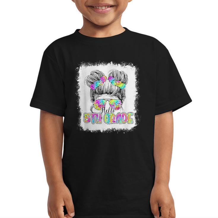 Back To School Hello 5th Grade Cute Messy Bun Tie Dye Girls Graphic Kid T-Shirt
