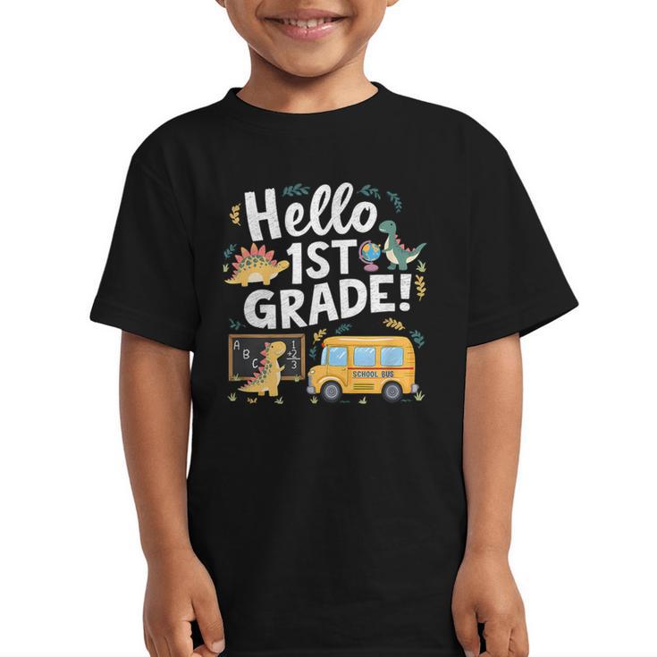 Cute Hello 1st Grade Dinosaur School Back To School Dino Bus Graphic Kid T-Shirt