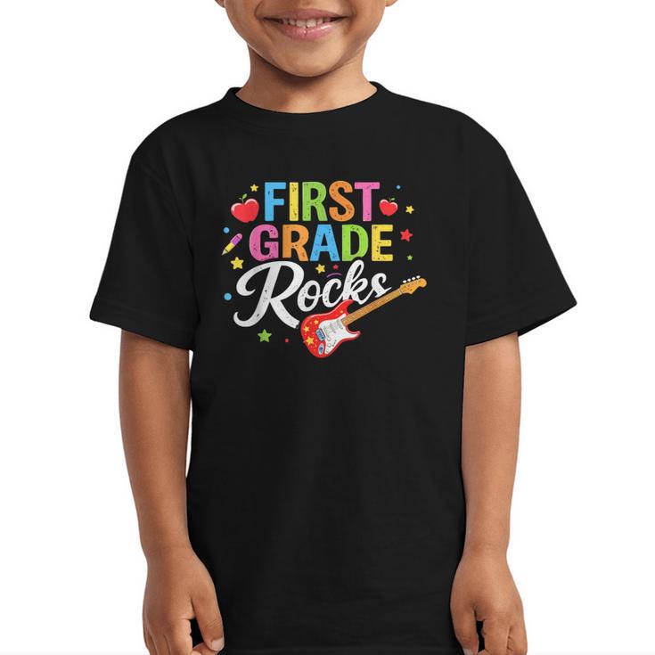 First Grade Rocks Colorful Back To School Guitar Graphic Kid T-Shirt