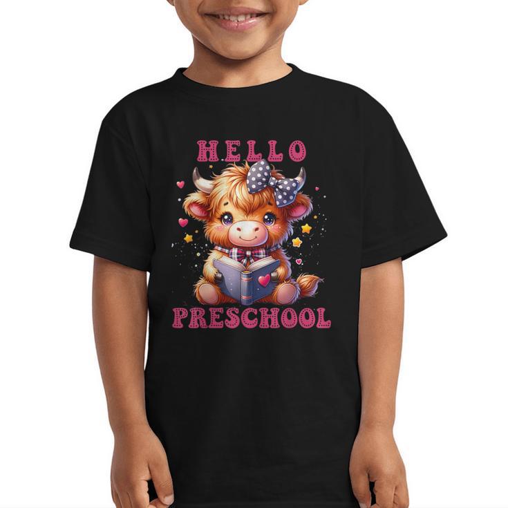 Hello Preschool Cute Highland Cow Lover Back To School Graphic Kid T-Shirt
