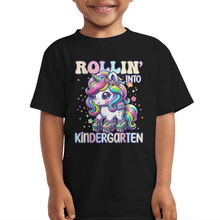 Kindergarten Back To School First Day Girls Rollin Unicorn Graphic Kid T-Shirt