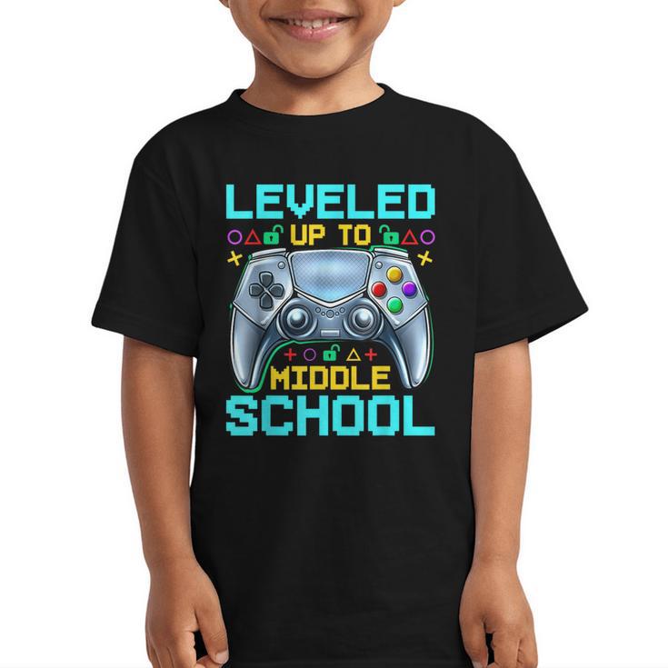 Leveled Up To Middle School Video Gamer Back To School Boys Graphic Kid T-Shirt