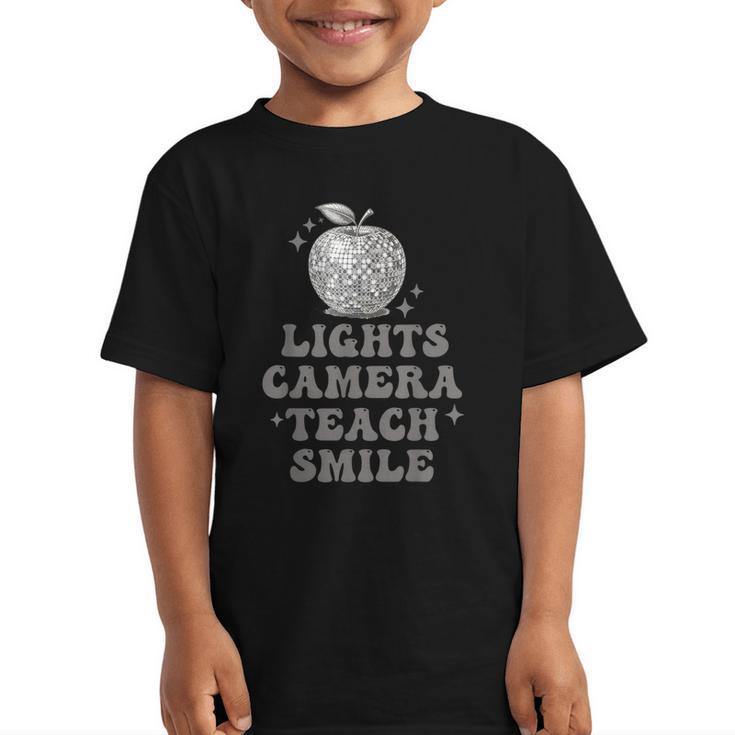 Lights Camera Teach Smile Disco-Ball Back To School Outfit Graphic Kid T-Shirt