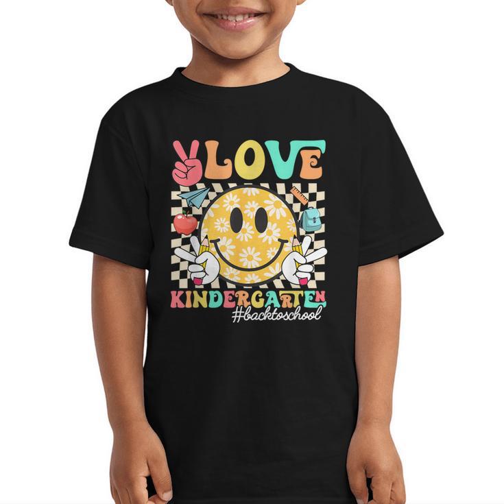 Peace Love Kindergarten Smile Face Back To School Girls Kids Graphic Kid T-Shirt