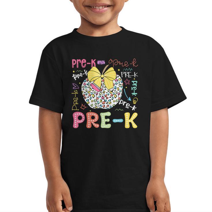 Pre-K Typography First Day Back To School Leopard Apple Graphic Kid T-Shirt