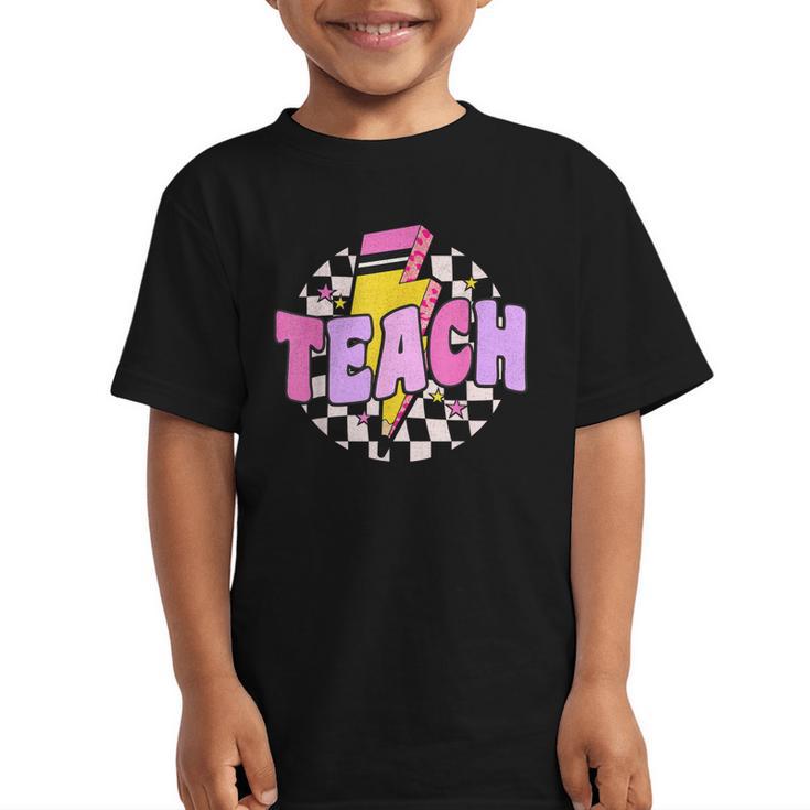 Retro Checkered Teach Pencil Lightning Back To School Graphic Kid T-Shirt