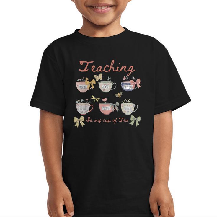 Teaching Is My Cup Of Tea Coquette Bow Floral Back To School Graphic Kid T-Shirt
