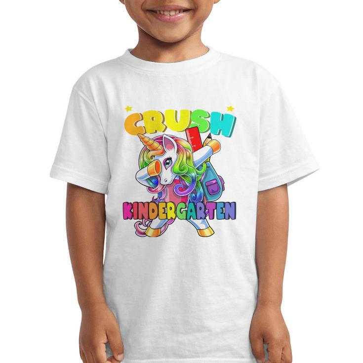 Crush Kindergarten Dabbing Unicorn Back To School Girls Performance Graphic Kid T-Shirt