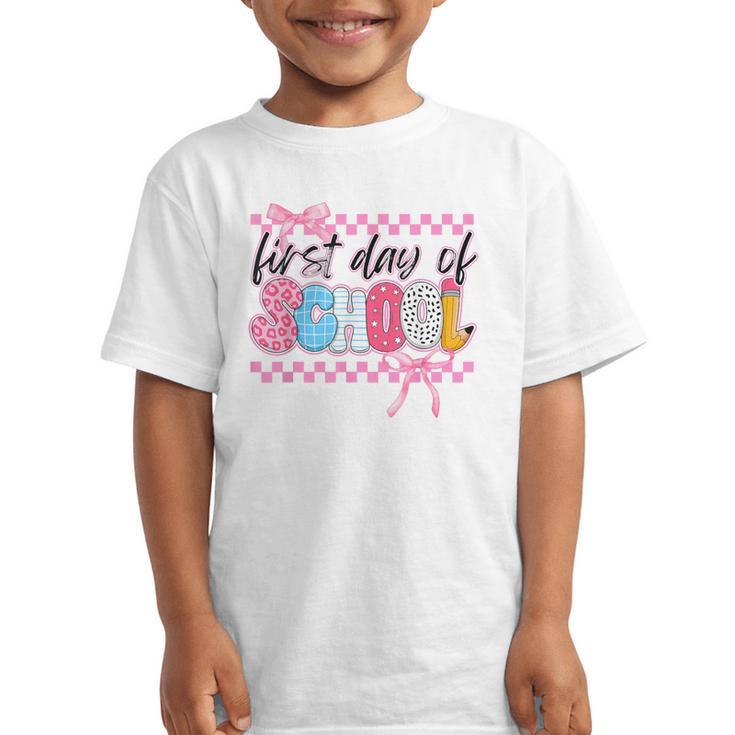 Girl First Day Of School Coquette Bow Pink Back To School Graphic Kid T-Shirt