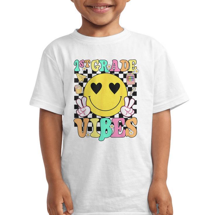 Girls 1st Grade Vibes Smile Face Back To School First Grade Graphic Kid T-Shirt