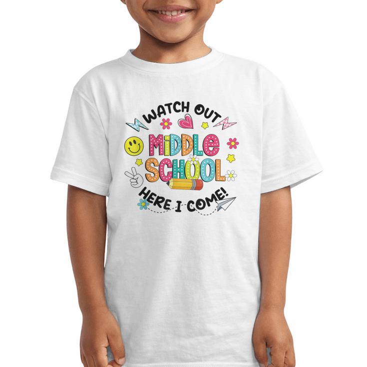 Groovy Watch Out Middle School Here I Come Back To School Graphic Kid T-Shirt