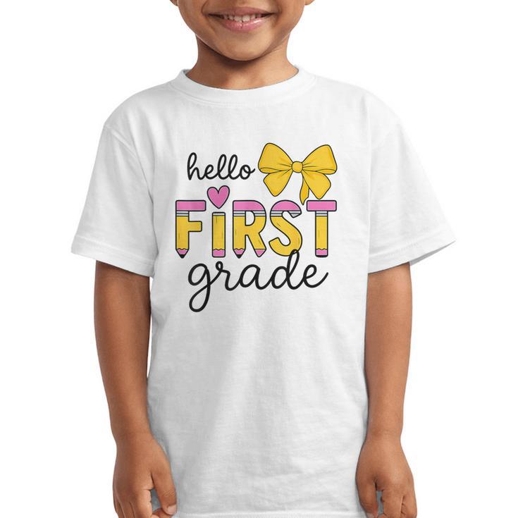 Hello First Grade For Girls Boys Cute Back To School Pencil Graphic Kid T-Shirt