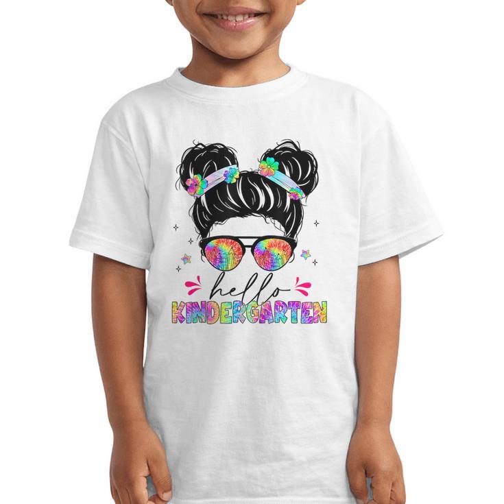Hello Kindergarten Shirt Messy Bun Tie Dye Back To School Graphic Kid T-Shirt