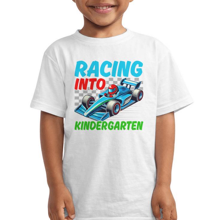 Racing Into Kindergarten Race Car Driver Back To School Performance Graphic Kid T-Shirt