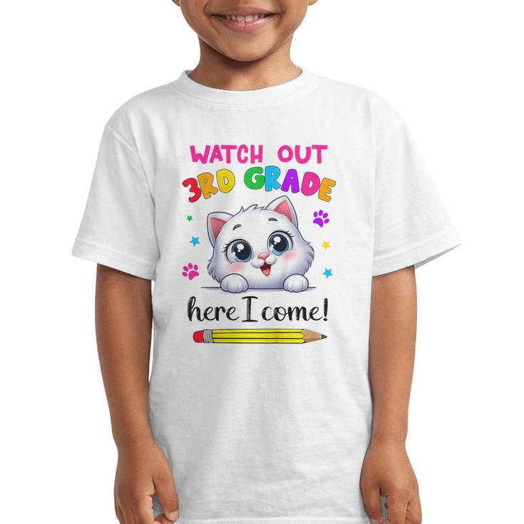 Watch Out 3rd Grade Here I Come Girls Cat Back To School Graphic Kid T-Shirt