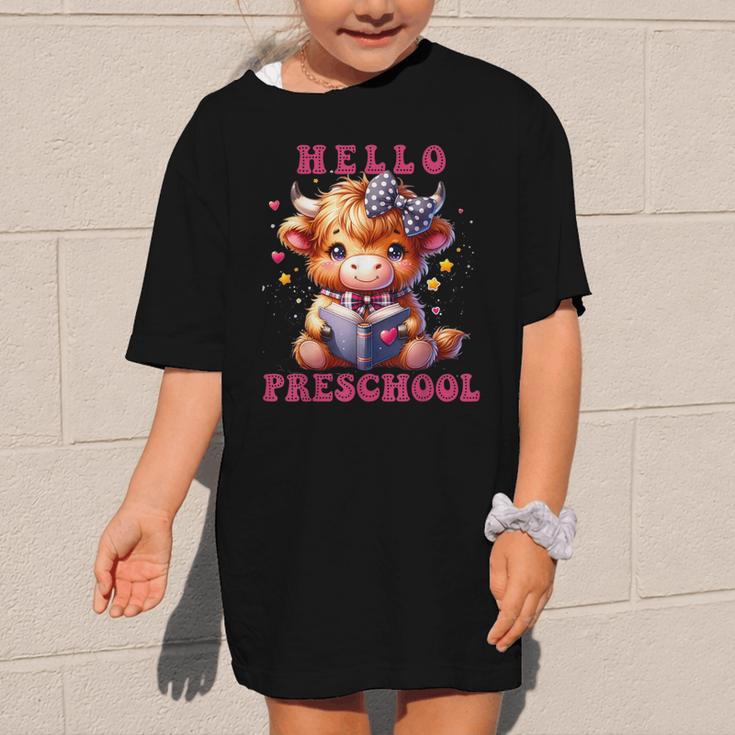 Hello Preschool Cute Highland Cow Lover Back To School Graphic Kid T-Shirt Hello Preschool Cute Highland Cow Lover Back To School Graphic Kid T-Shirt
