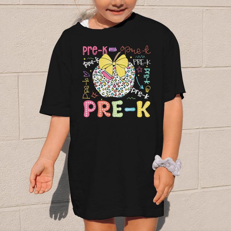 Pre-K Typography First Day Back To School Leopard Apple Graphic Kid T-Shirt