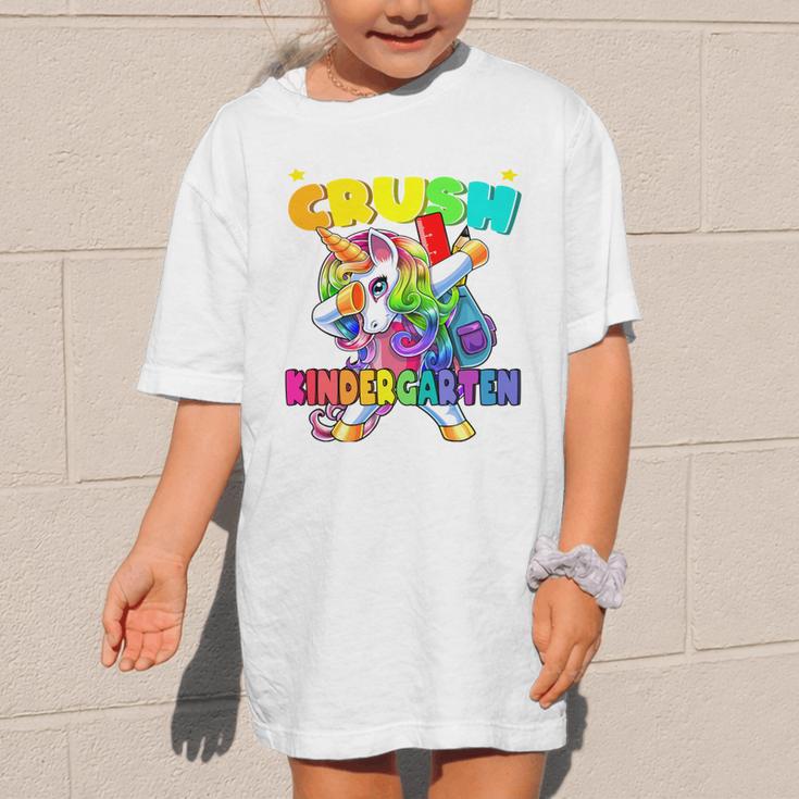 Crush Kindergarten Dabbing Unicorn Back To School Girls Performance Graphic Kid T-Shirt