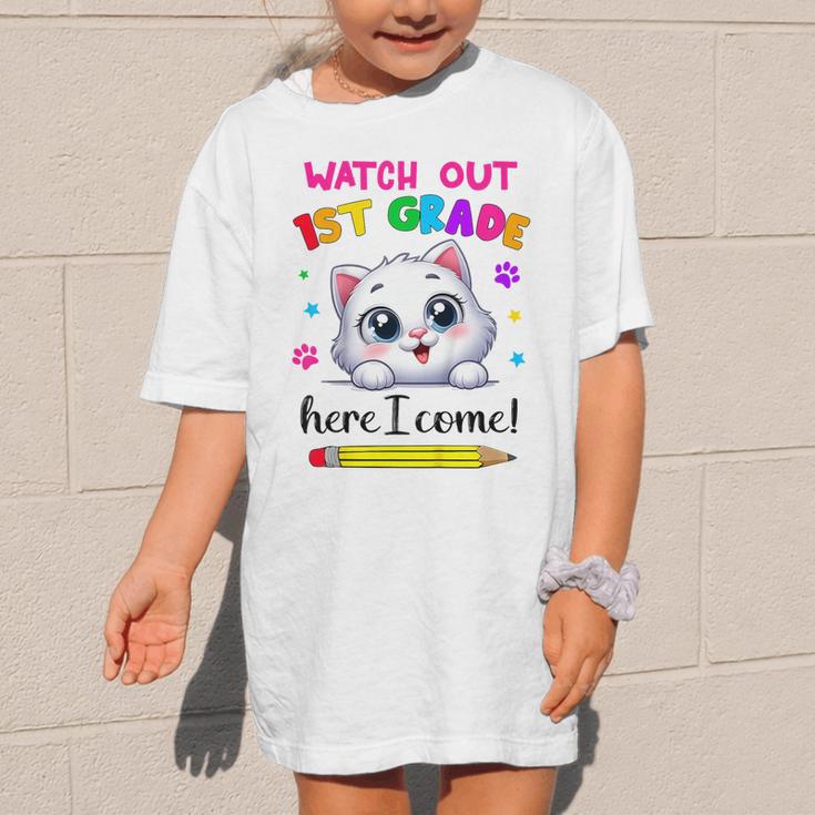 Kids Watch Out 1st Grade Here I Come Girls Cat Back To School Graphic Kid T-Shirt