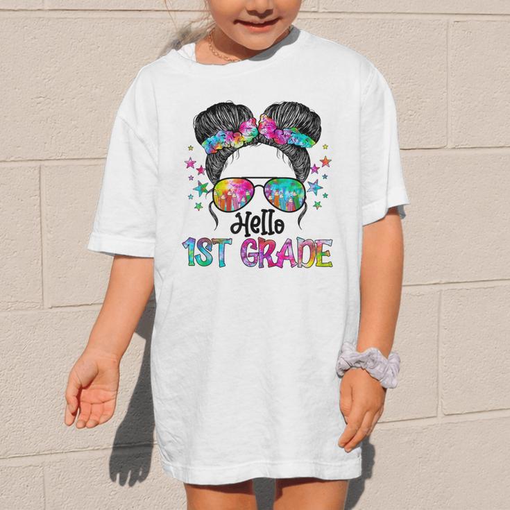 Messy Hair Bun Girl Back To School First Day Hello 1st Grade Graphic Kid T-Shirt