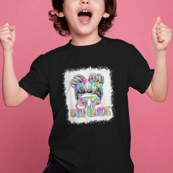 Back To School Hello 5th Grade Cute Messy Bun Tie Dye Girls Graphic Kid T-Shirt