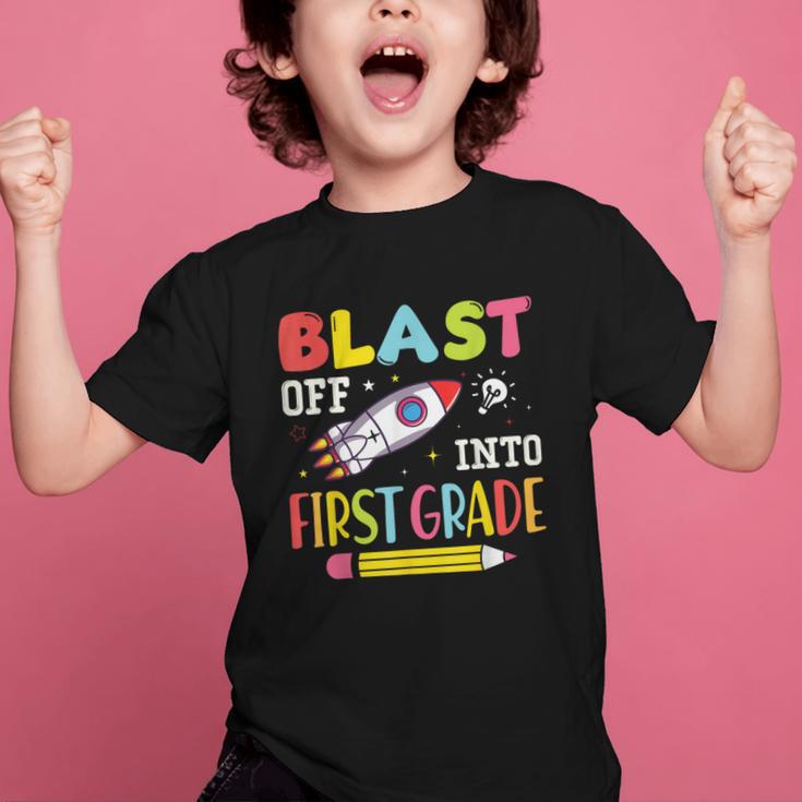 Blast Off Into First Grade Back To School Kids Rocket Space Graphic Kid T-Shirt Blast Off Into First Grade Back To School Kids Rocket Space Graphic Kid T-Shirt