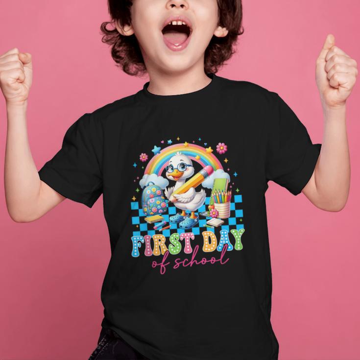 Happy First Day Of School Goose Cute Duck Back To School Graphic Kid T-Shirt Happy First Day Of School Goose Cute Duck Back To School Graphic Kid T-Shirt