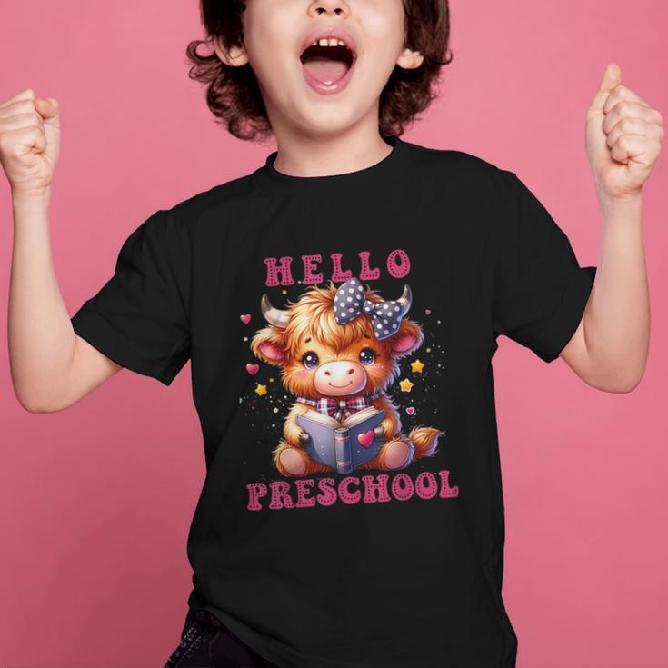 Hello Preschool Cute Highland Cow Lover Back To School Graphic Kid T-Shirt Hello Preschool Cute Highland Cow Lover Back To School Graphic Kid T-Shirt