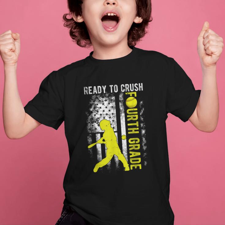 Ready To Crush Fourth Grade Softball USA Flag Back To School Graphic Kid T-Shirt