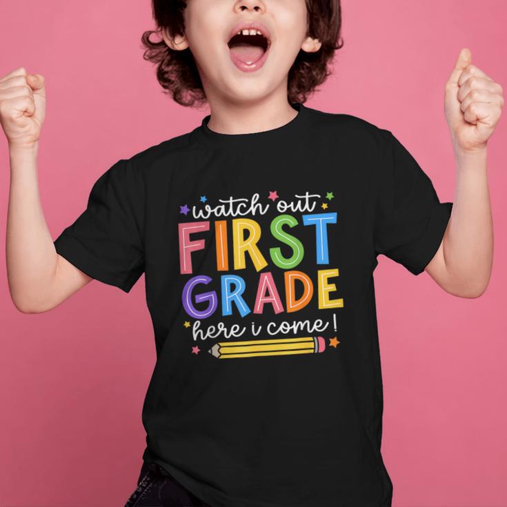 Watch Out First Grade Here I Come 1St Grade Back To School Graphic Kid T-Shirt Watch Out First Grade Here I Come 1St Grade Back To School Graphic Kid T-Shirt
