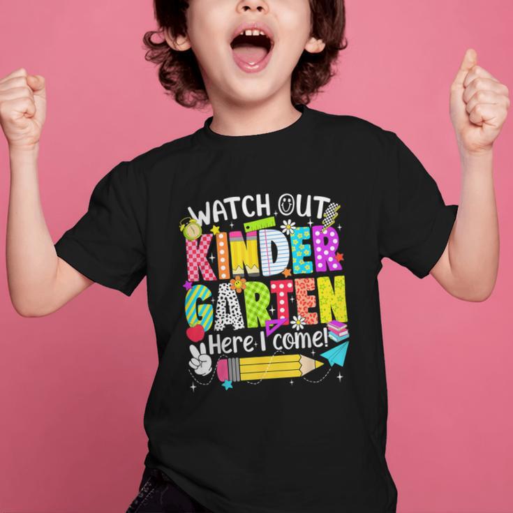 Watch Out Kindergarten Here I Come Kinder Back To School Graphic Kid T-Shirt