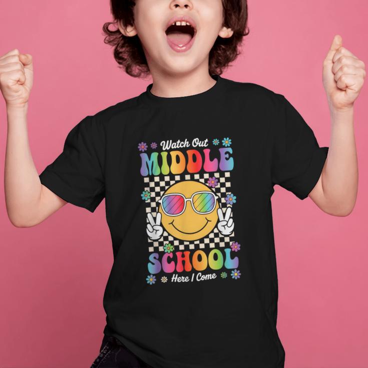 Watch Out Middle School Here I Come Back To School Student Graphic Kid T-Shirt