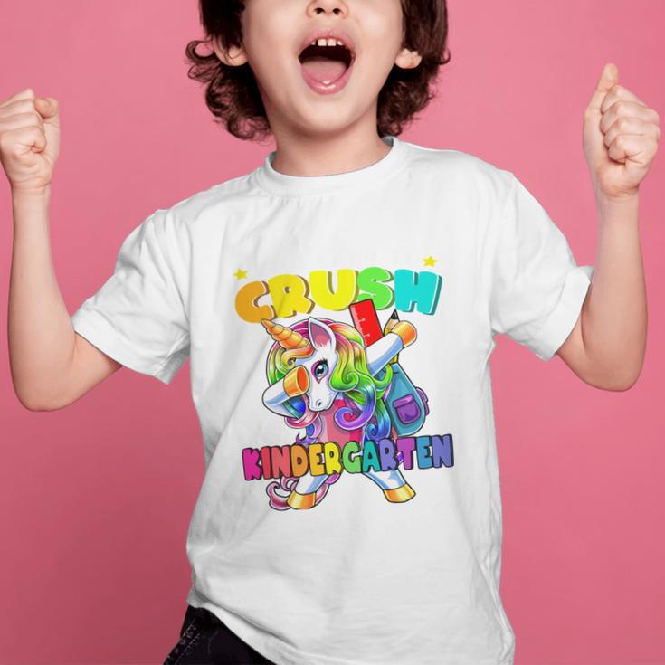 Crush Kindergarten Dabbing Unicorn Back To School Girls Performance Graphic Kid T-Shirt