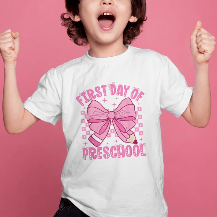 First Day Of Preschool Coquette Bow Back To School Girls Graphic Kid T-Shirt First Day Of Preschool Coquette Bow Back To School Girls Graphic Kid T-Shirt